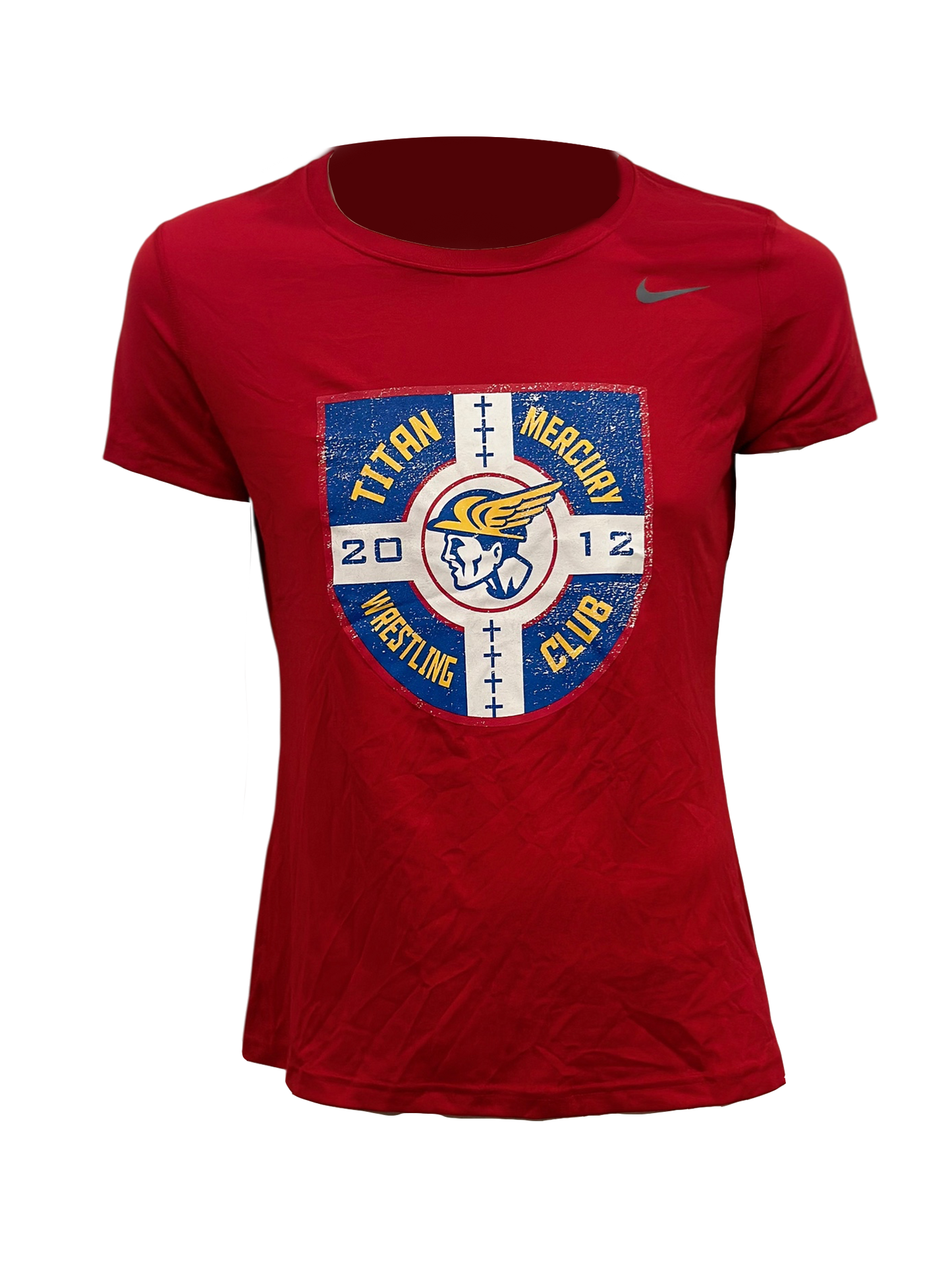 Red Nike distressed TMWC Crest shirt